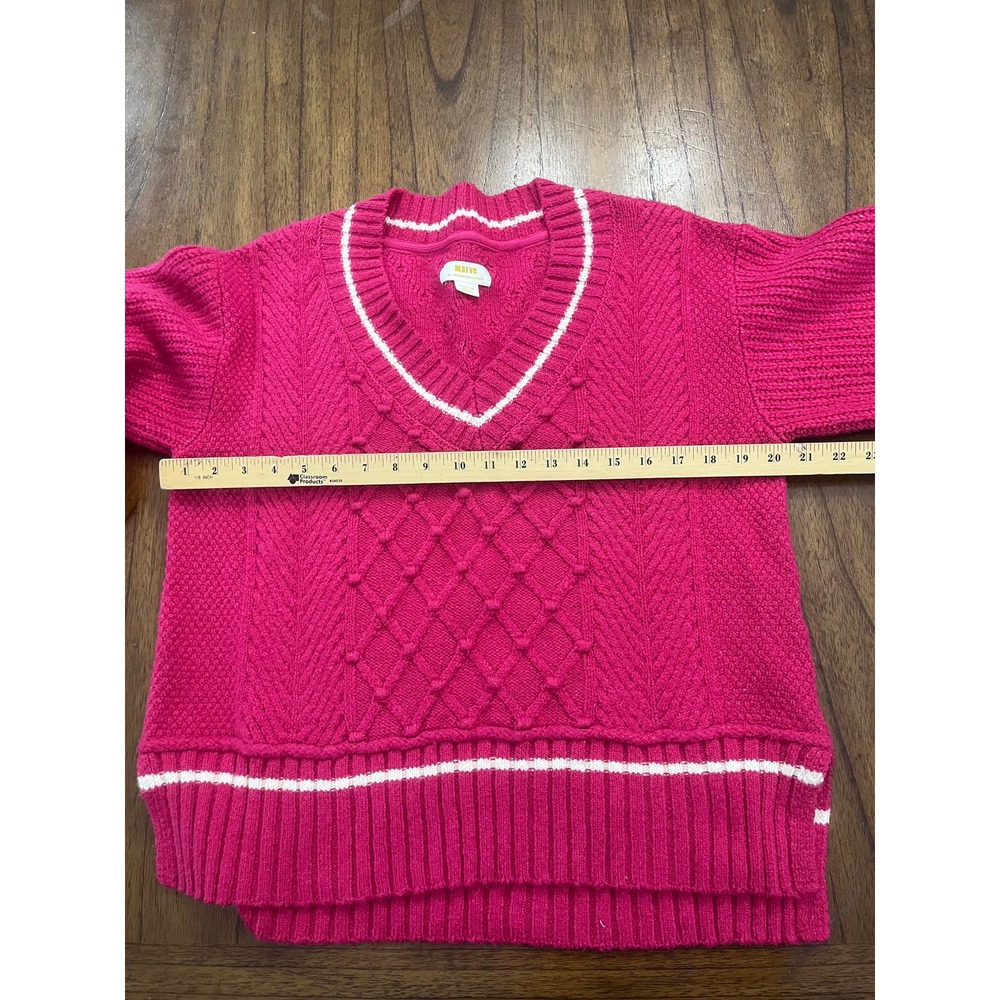 Maeve Anthropologie Hot Pink Cable Knit V-Neck Tipped Varsity Sweater Medium - Picture 7 of 10